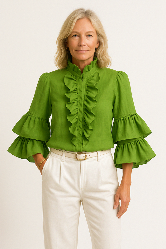 Women’s Blouse – Loose Fit – High Neck – Ruffled Tiered Long Sleeve – Breathable Fabric