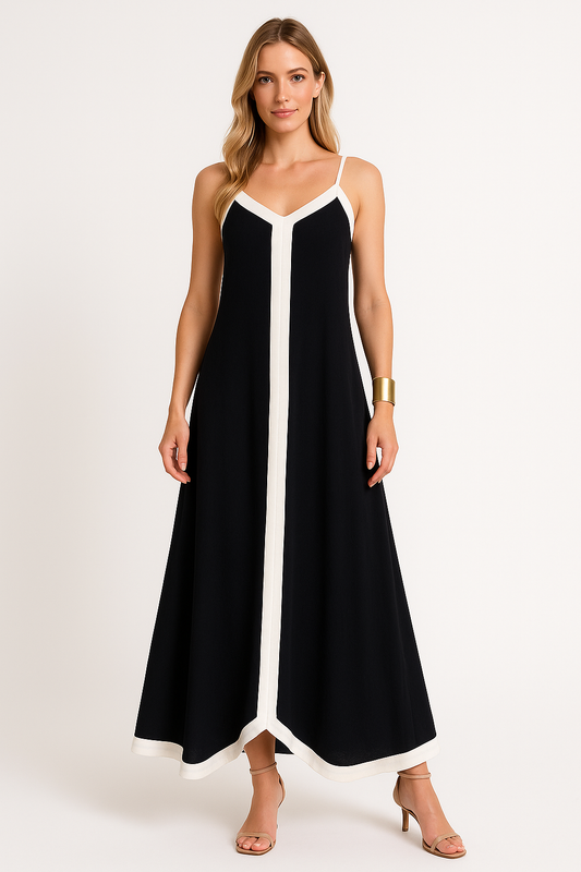 Women’s Maxi Dress – Lightweight Fabric – Loose Fit – V-Neck – Thin Straps – Contrast Trim