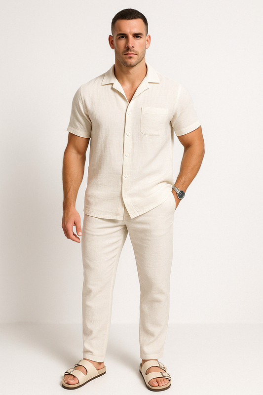 Men’s Shirt and Pants Set – Lightweight Cotton – Relaxed Fit – Short Sleeve Casual