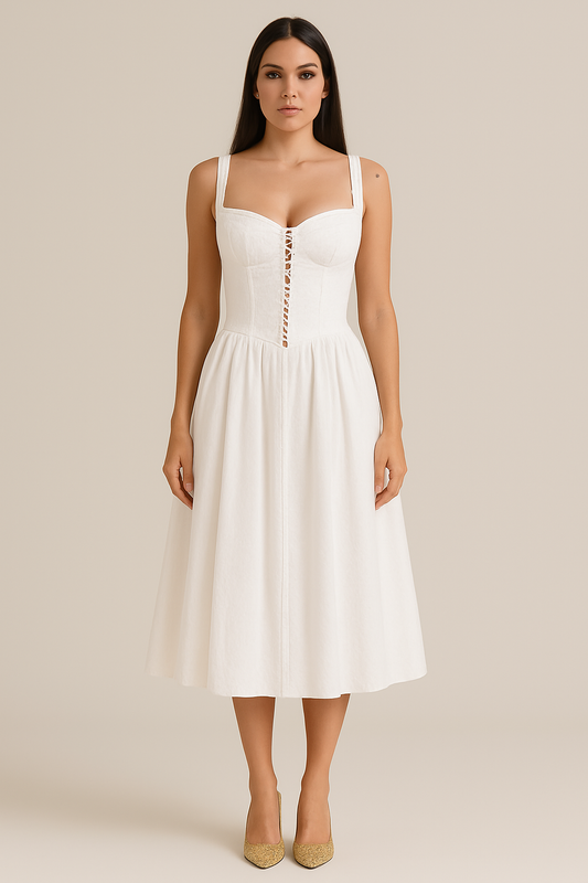 Women’s Midi Dress – Fitted Bodice – Off-Shoulder – Lace-Up Detail – A-Line Silhouette