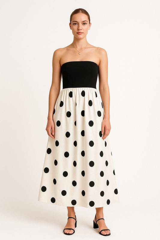 Women’s Maxi Dress – Strapless Wrap Bodice – Polka Dot – A-Line Flowy Fit