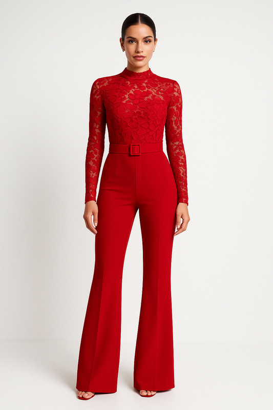 Women’s Jumpsuit – Lace Embroidered Top – Belted Waist – Flared Leg Formal Fit
