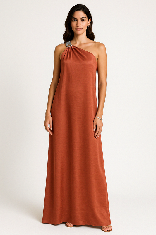 Women’s Evening Dress – Satin One Shoulder – Loose Fit – Embellished Ring Detail