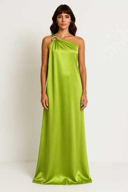 Women’s Evening Dress – Satin One Shoulder – Loose Fit – Embellished Ring Detail