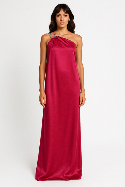 Women’s Evening Dress – Satin One Shoulder – Loose Fit – Embellished Ring Detail