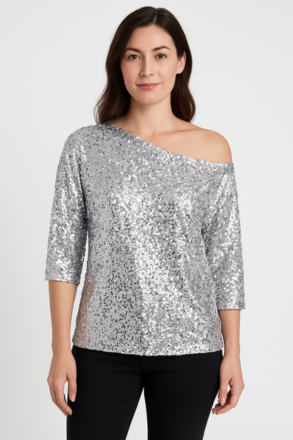 Women’s Sequin Top – Off Shoulder – Mid Sleeve – Relaxed Fit – Party Casual Wear