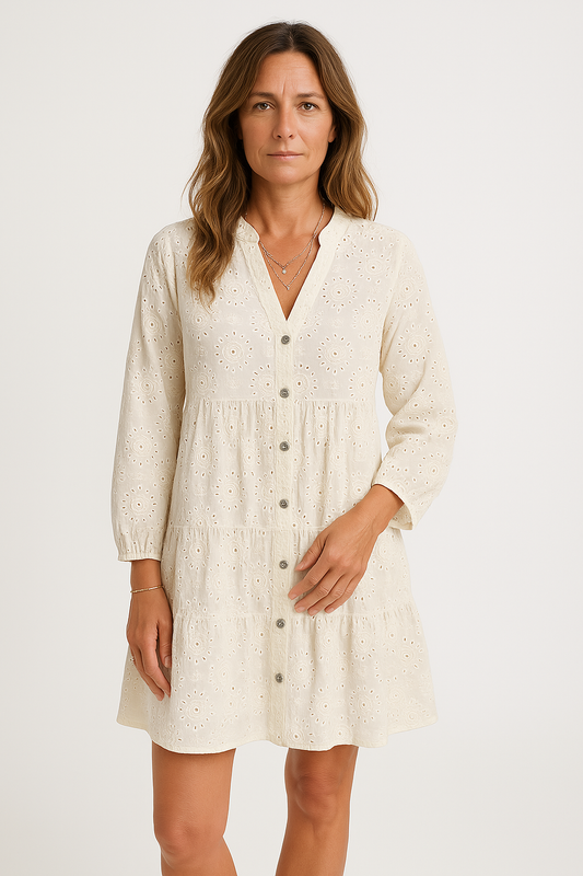 Women’s Cotton Dress – Loose Fit – Embroidered Eyelet Lace – V-Neck Boho Style