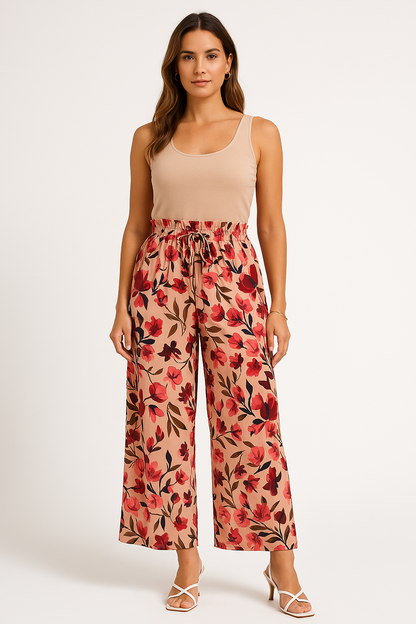 Women’s Wide-Leg Pants – Chiffon – High Waist – Floral Print – Drawstring Waist – Full Length