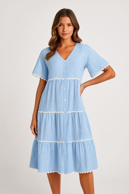 Women’s Midi Dress – V-Neck – Loose Fit – Tiered with Lace Trim – Short Sleeve Cotton