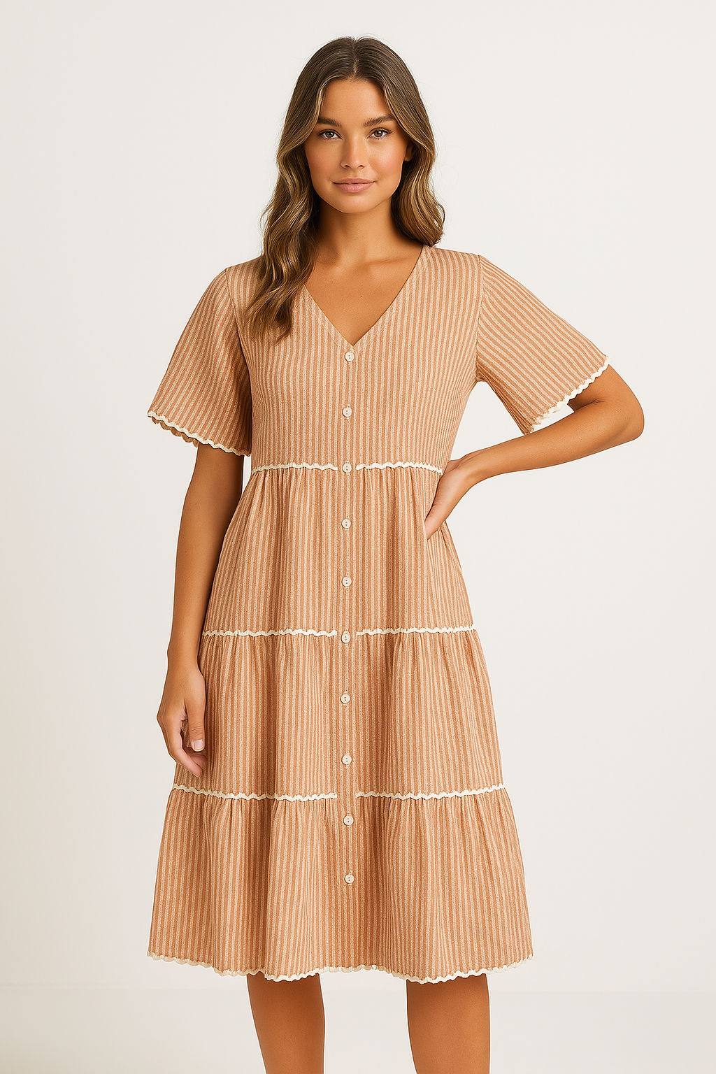 Women’s Midi Dress – V-Neck – Loose Fit – Tiered with Lace Trim – Short Sleeve Cotton