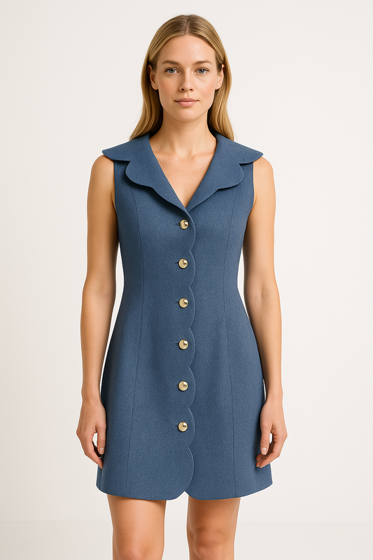 Women’s Denim Dress – Tailored Fit – Sleeveless – Scalloped Placket – Above Knee Length
