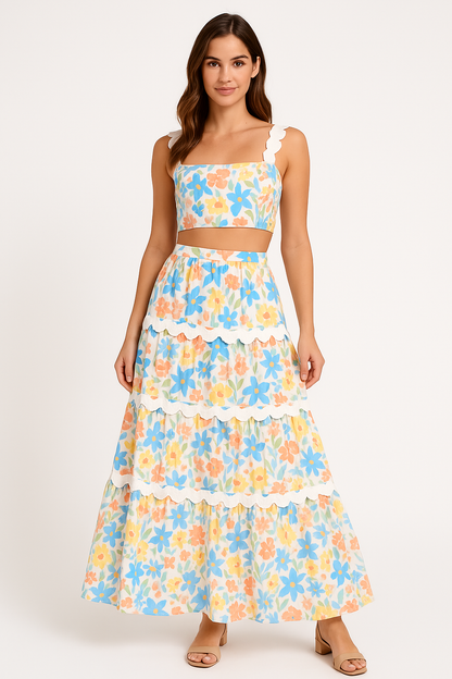 Women’s Two-Piece Set – Cotton Blend – Lace Trim Crop Top – Tiered A-Line Skirt