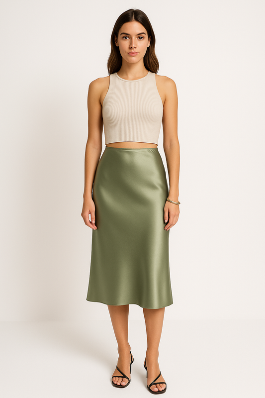 Women’s Midi Skirt – Satin Look – Fitted Silhouette – Minimalist Elegant Style