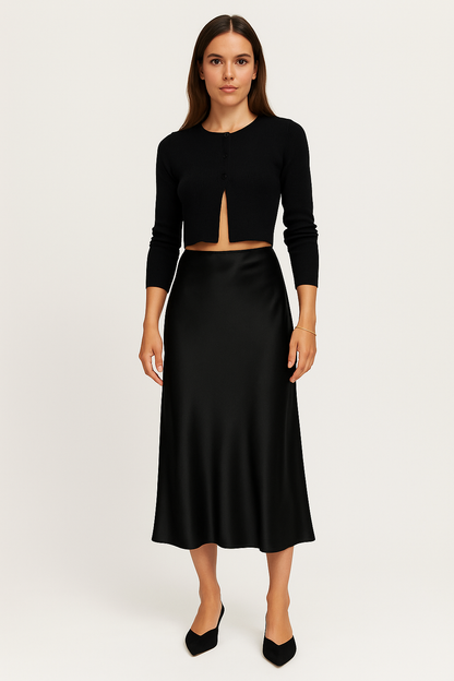 Women’s Midi Skirt – Satin Look – Fitted Silhouette – Minimalist Elegant Style