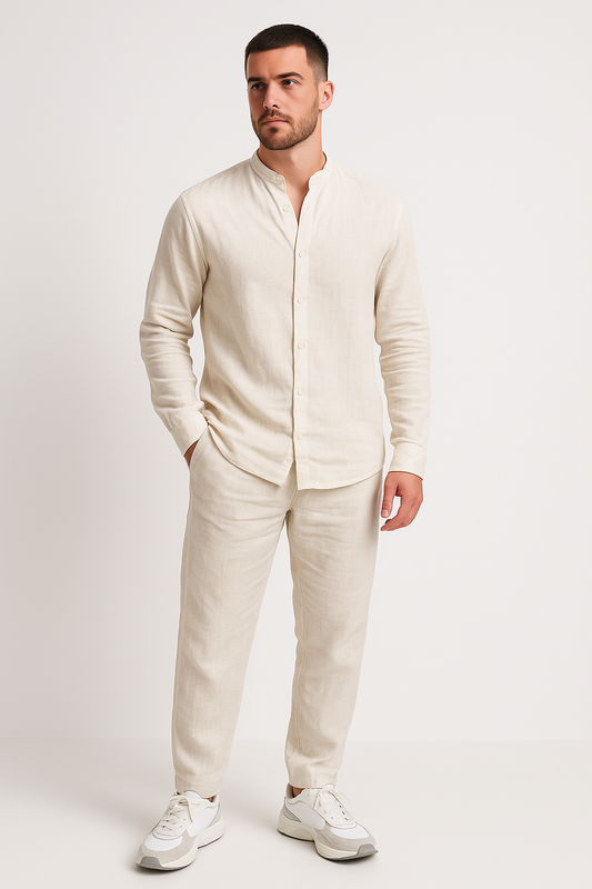 Men’s Linen Set – Relaxed Fit Shirt and Straight-Leg Pants – Lightweight Breathable Casual Wear