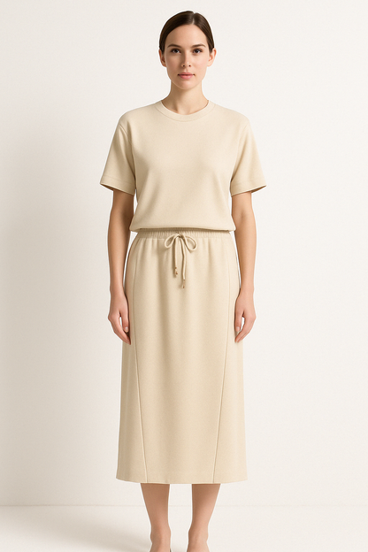 Women’s Two-Piece Set – Cotton Blend – Relaxed Fit – Short Sleeve Top – Midi Skirt