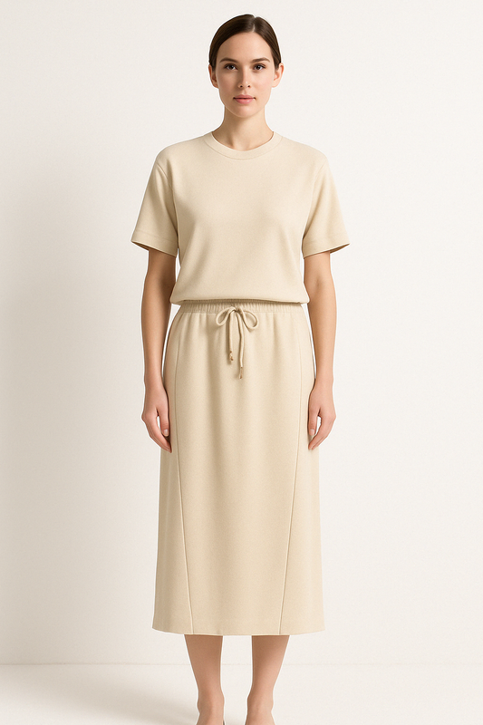 Women’s Two-Piece Set – Cotton Blend – Relaxed Fit – Short Sleeve Top – Midi Skirt
