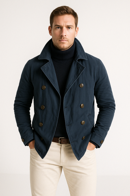 Men’s Jacket – Structured Fit – Double-Breasted – High Collar – Button Cuffs