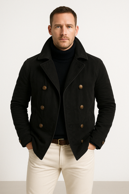 Men’s Jacket – Structured Fit – Double-Breasted – High Collar – Button Cuffs