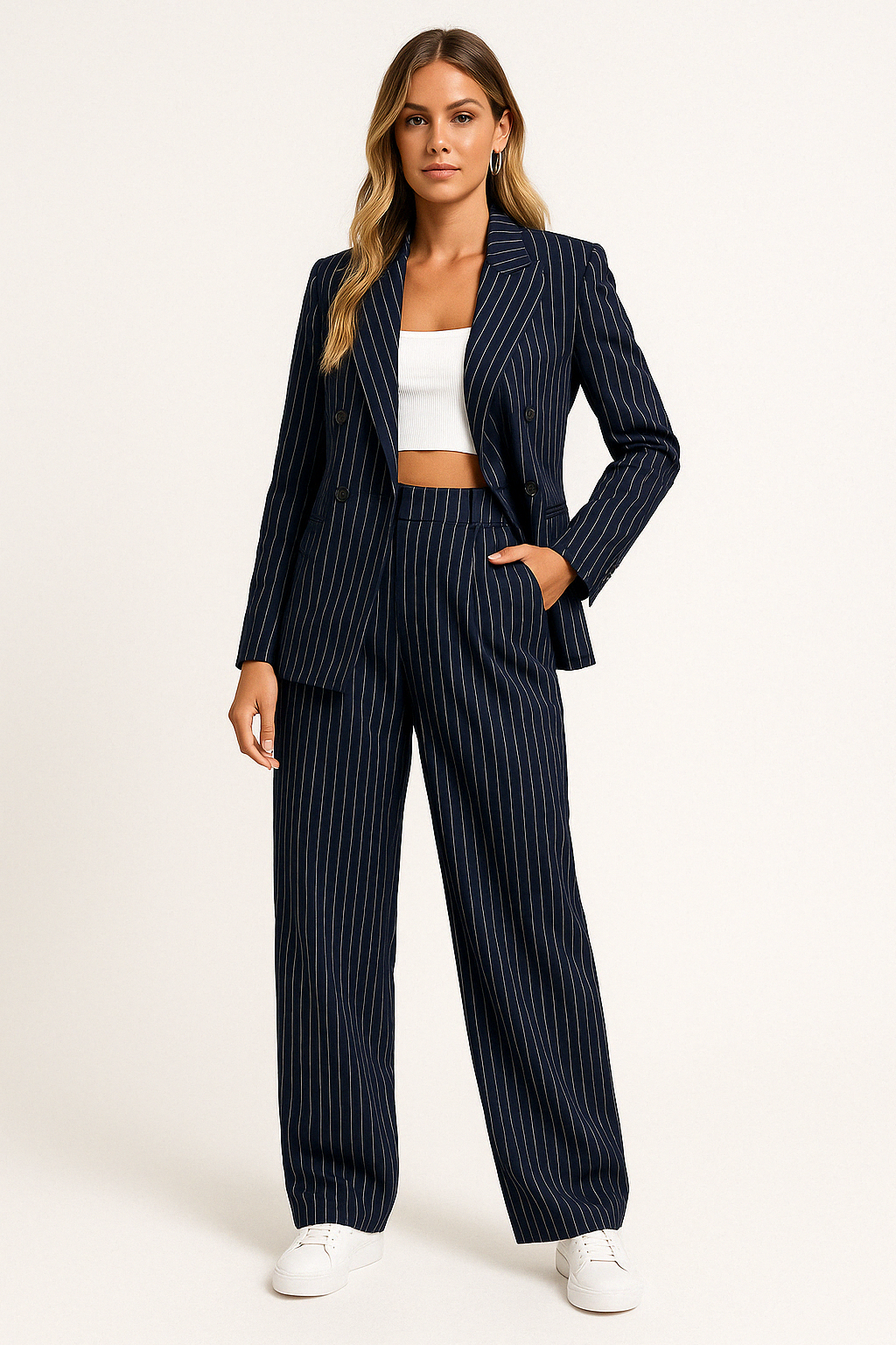 Women’s Blazer and Trouser Set – Tailored Fit – Double-Breasted – Wide-Leg High Waist