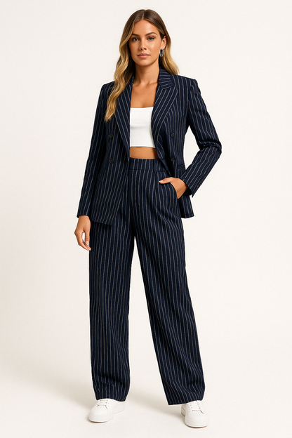 Women’s Blazer and Trouser Set – Tailored Fit – Double-Breasted – Wide-Leg High Waist