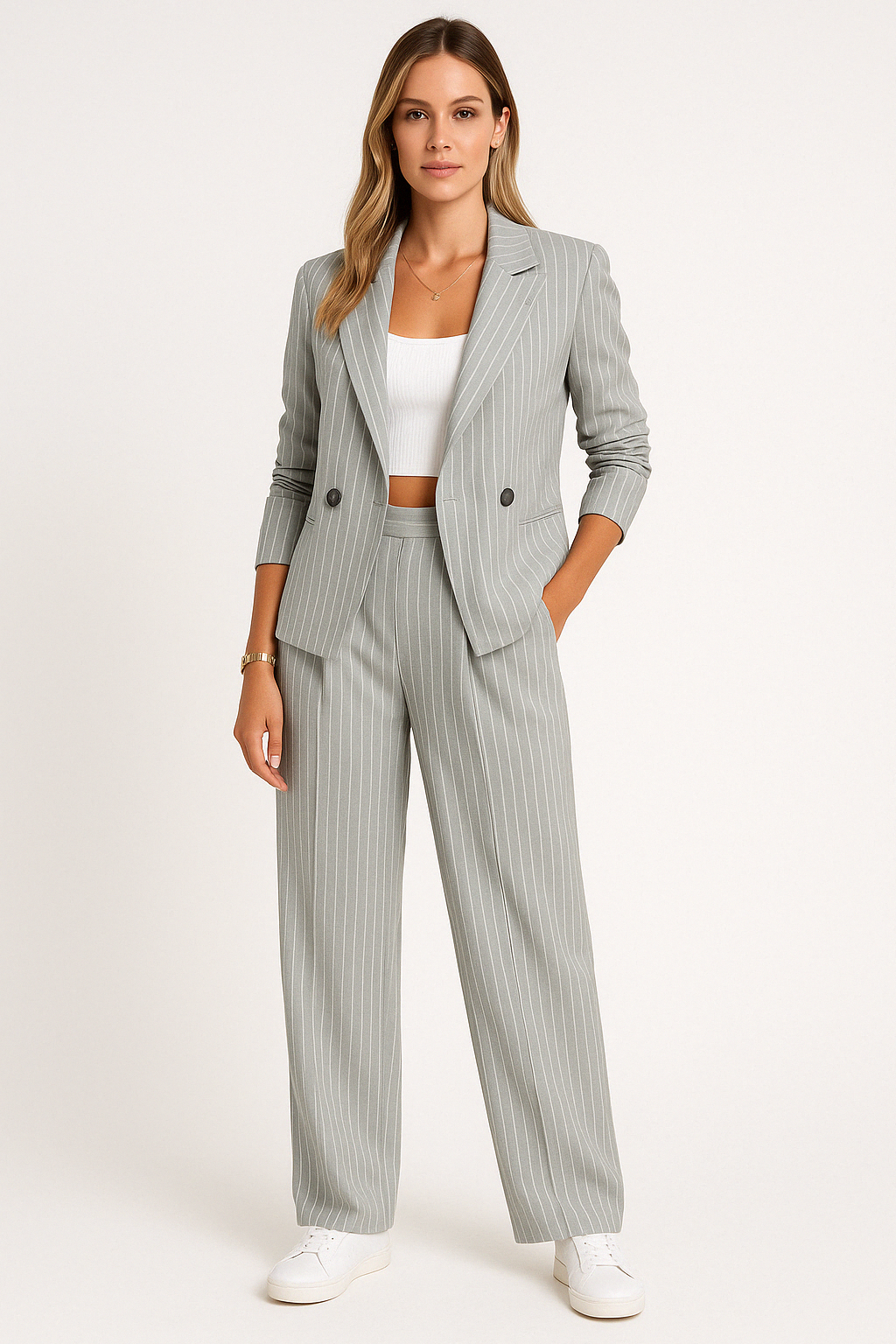 Women’s Blazer and Trouser Set – Tailored Fit – Double-Breasted – Wide-Leg High Waist