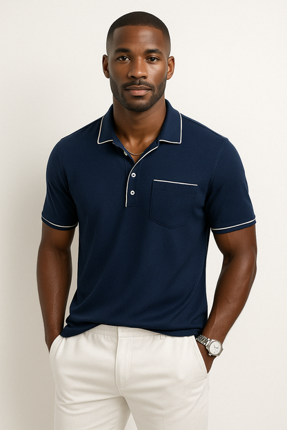 Men’s Polo Shirt – Piqué Knit – Regular Fit – Chest Pocket – Contrast Piping Trim