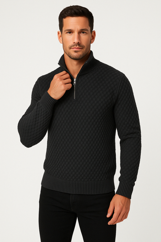 Men’s Half Zip Sweater – Textured Knit – Tailored Fit – Ribbed Collar and Cuffs