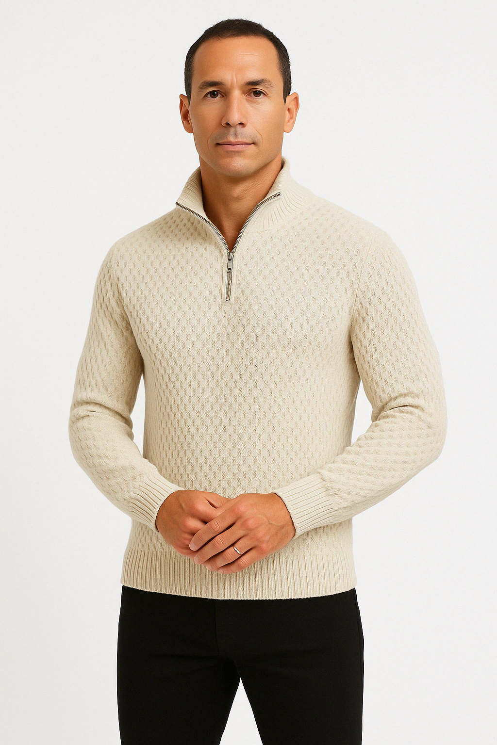 Men’s Half Zip Sweater – Textured Knit – Tailored Fit – Ribbed Collar and Cuffs