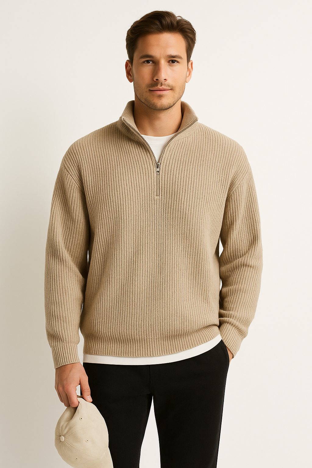 Men’s Half Zip Sweater – Wool Blend – Ribbed Knit – Relaxed Fit – Casual Layer