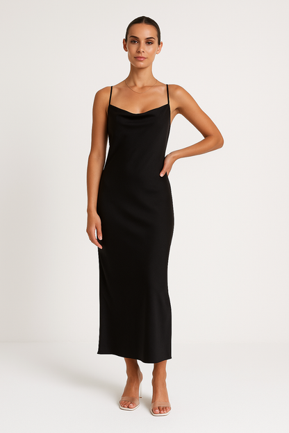 Women’s Satin Maxi Dress – Slim Fit – Cowl Neck – Spaghetti Straps – Evening Wear