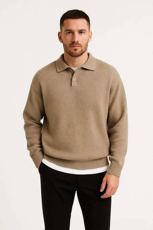 Men’s Polo Sweater – Wool Knit – Relaxed Fit – Button Collar – Ribbed Cuffs & Hem