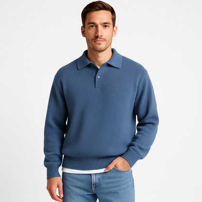 Men’s Polo Sweater – Wool Knit – Relaxed Fit – Button Collar – Ribbed Cuffs & Hem