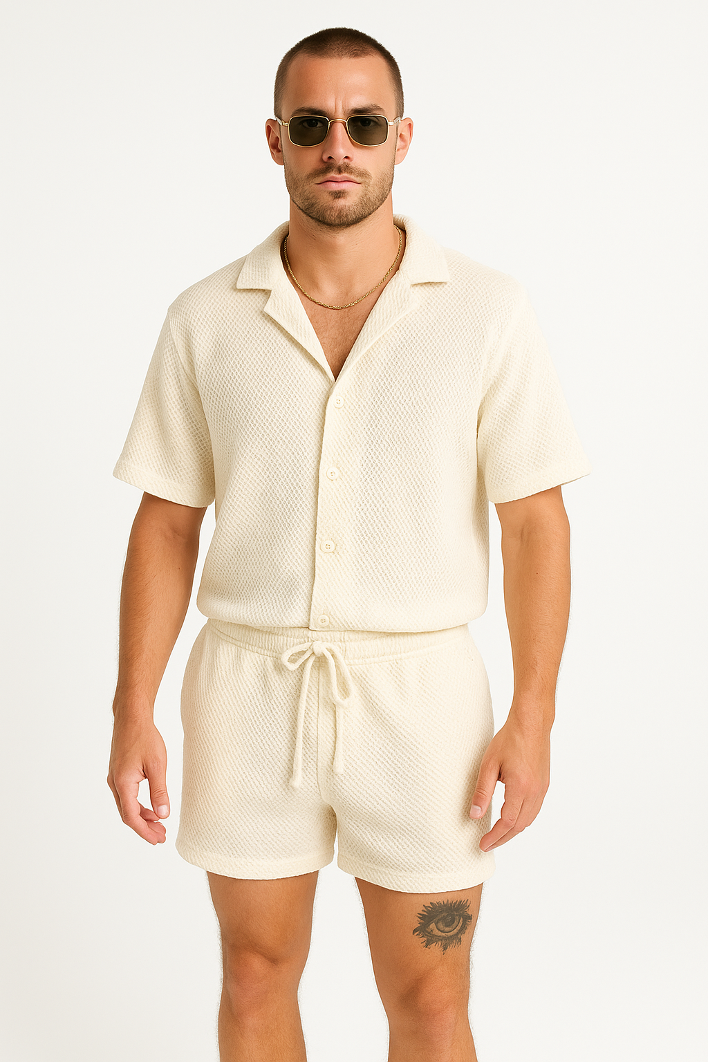 Men’s Casual Outfit Set – Lightweight Textured Shirt and Drawstring Shorts – Relaxed Fit