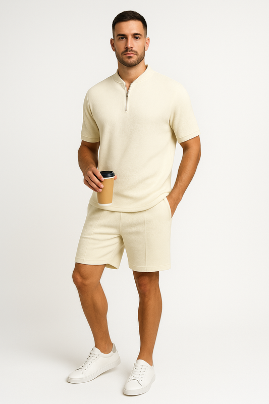 Men’s Matching Set – Waffle Knit Zip-Up Top and Shorts – Relaxed Fit – Breathable