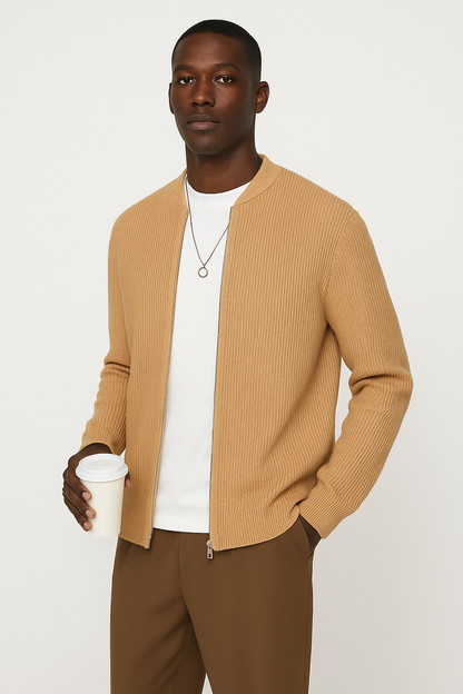 Men’s Cardigan – Ribbed Knit – Double Zipper – Relaxed Fit – Long Sleeve Layering