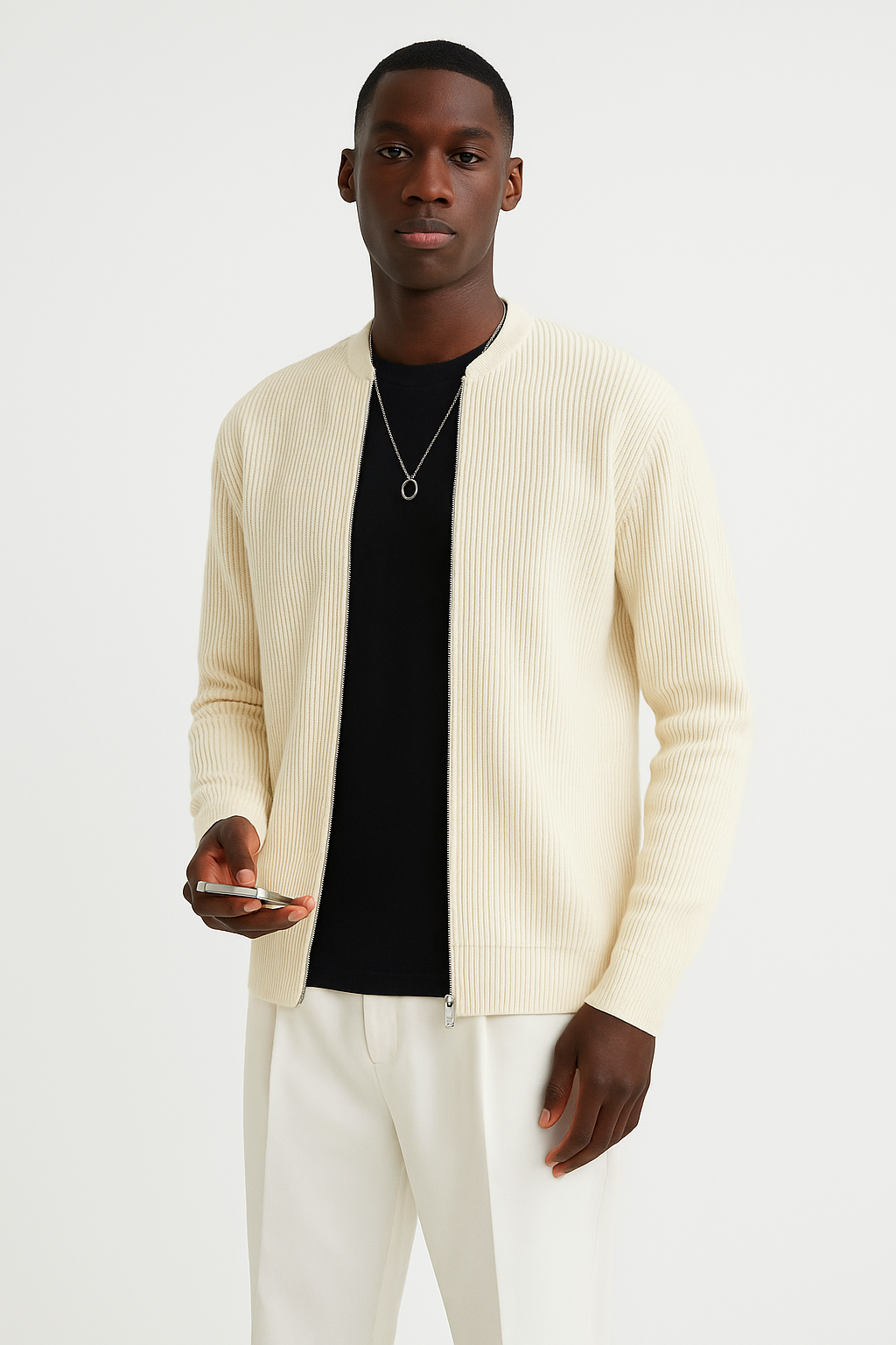 Men’s Cardigan – Ribbed Knit – Double Zipper – Relaxed Fit – Long Sleeve Layering