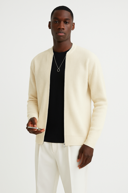 Men’s Cardigan – Ribbed Knit – Double Zipper – Relaxed Fit – Long Sleeve Layering