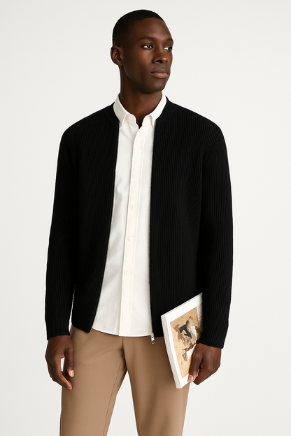 Men’s Cardigan – Ribbed Knit – Double Zipper – Relaxed Fit – Long Sleeve Layering