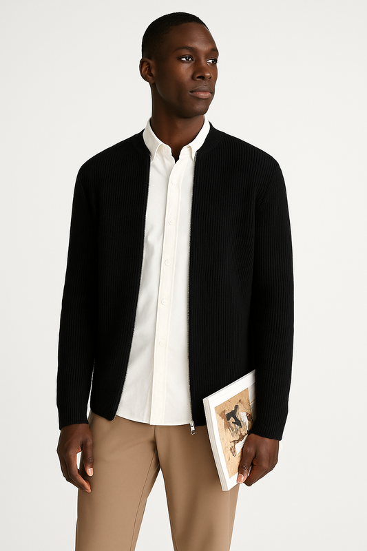 Men’s Cardigan – Ribbed Knit – Double Zipper – Relaxed Fit – Long Sleeve Layering