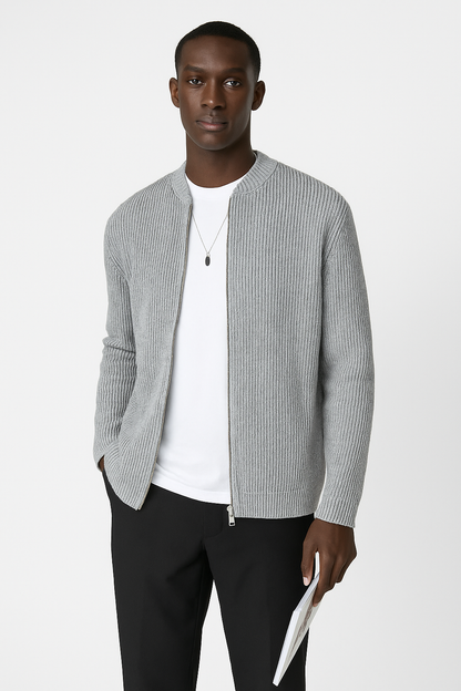 Men’s Cardigan – Ribbed Knit – Double Zipper – Relaxed Fit – Long Sleeve Layering