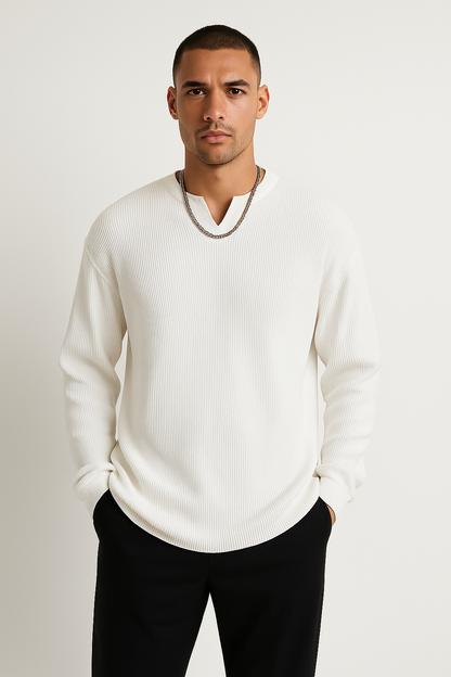 Men’s Long Sleeve T-Shirt – Ribbed Knit – Relaxed Fit – V-Neck Casual Layer