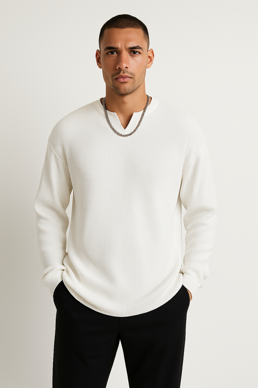 Men’s Long Sleeve T-Shirt – Ribbed Knit – Relaxed Fit – V-Neck Casual Layer