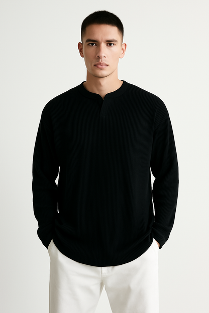 Men’s Long Sleeve T-Shirt – Ribbed Knit – Relaxed Fit – V-Neck Casual Layer