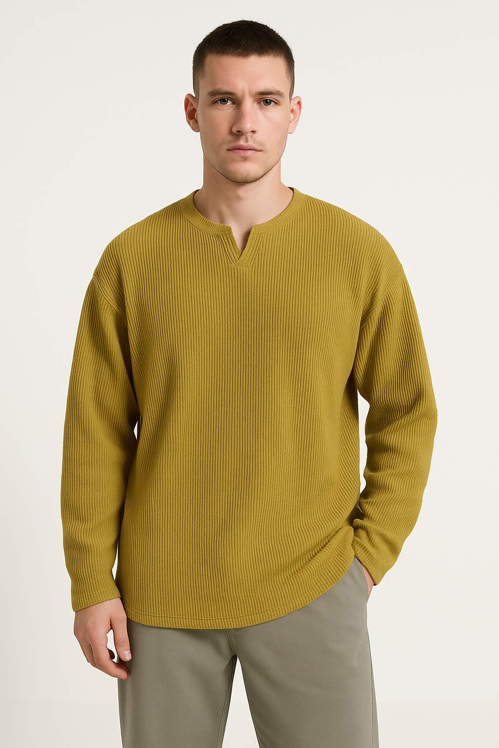 Men’s Long Sleeve T-Shirt – Ribbed Knit – Relaxed Fit – V-Neck Casual Layer