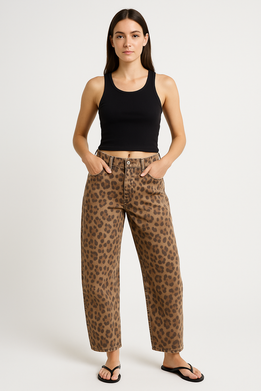Women’s Barrel-Leg Jeans – Relaxed Fit – Animal Print – Full Length