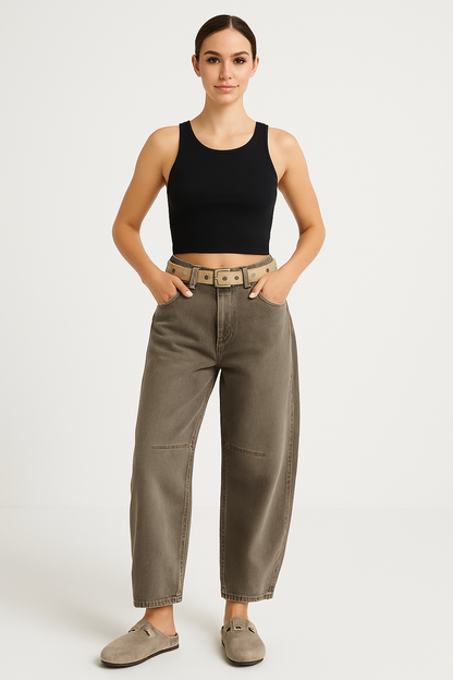 Women’s Barrel-Leg Jeans – Relaxed Fit – Animal Print – Full Length