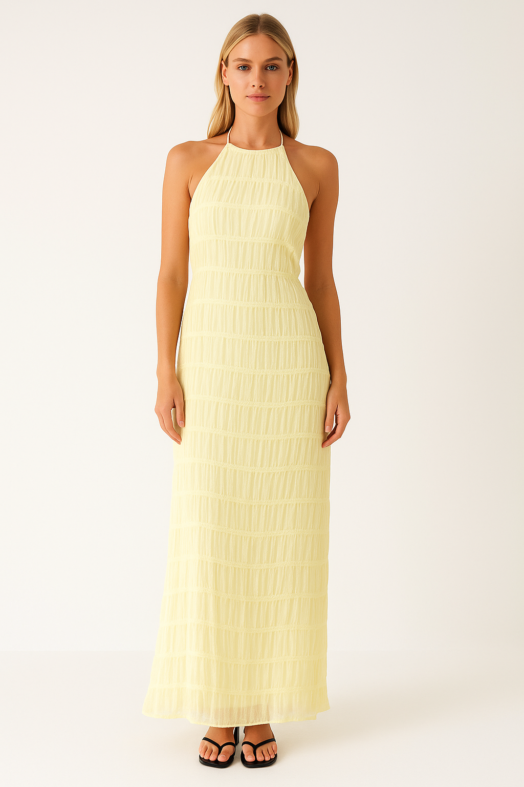 Women’s Maxi Dress – Halter Neck – Ruched Bodice – Lace Trim – Flowy Lightweight Fit