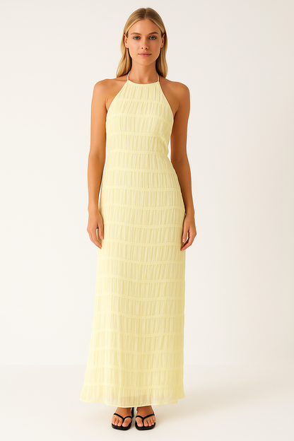 Women’s Maxi Dress – Halter Neck – Ruched Bodice – Lace Trim – Flowy Lightweight Fit