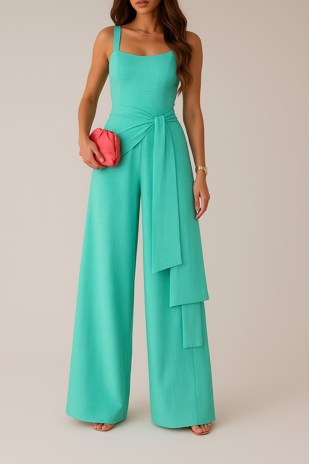 Women’s Jumpsuit – Linen Blend – Sleeveless – Wide Leg – Adjustable Waist – Full Length